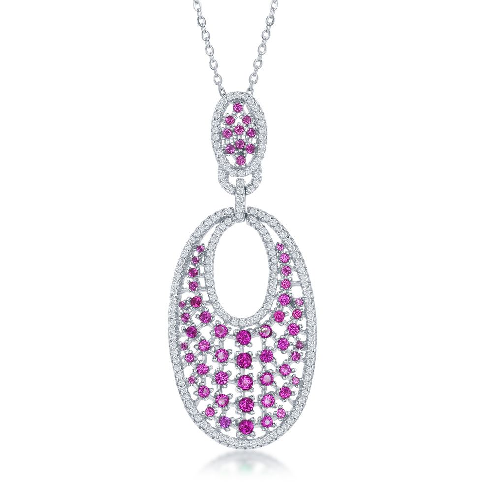 Lab-created Rubies Multi-stone Sterling Silver Oval Pendant - Click Image to Close